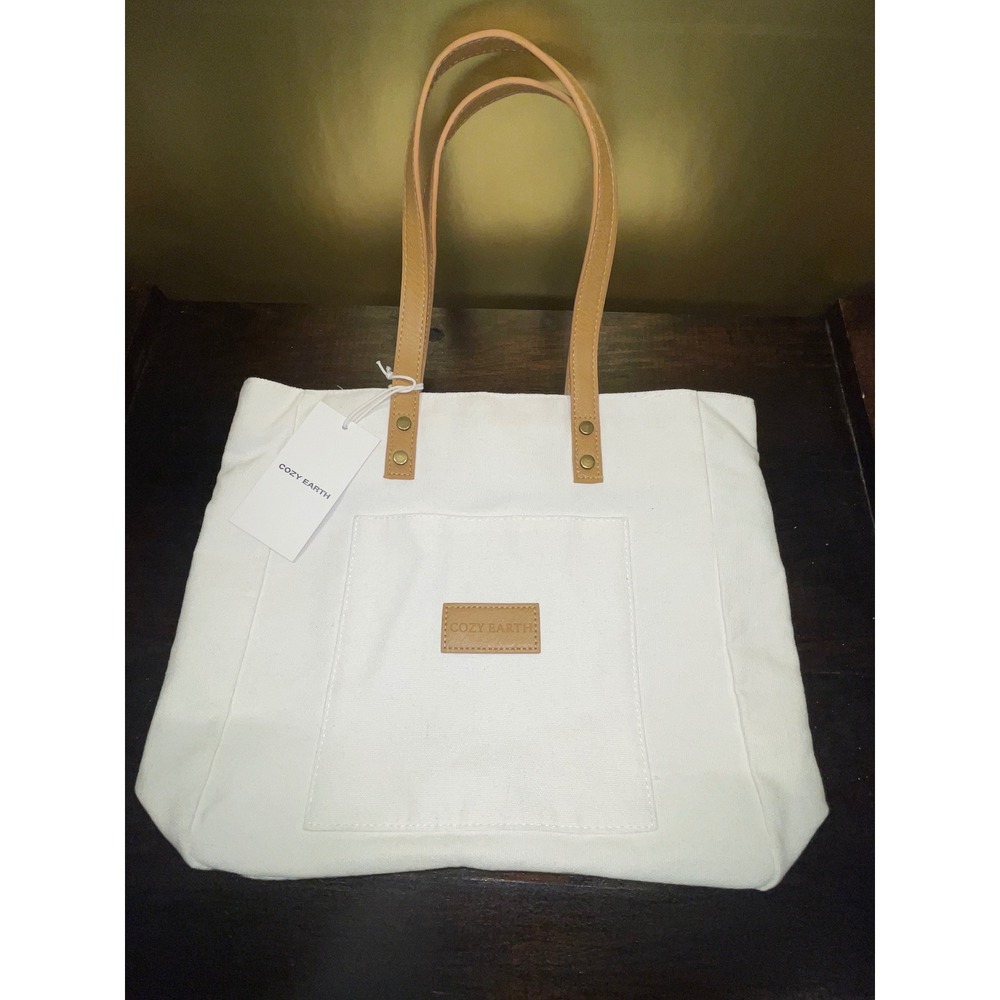 Cozy Earth White Canvas Tote Bag With Pocket and Faux Leather Straps‎